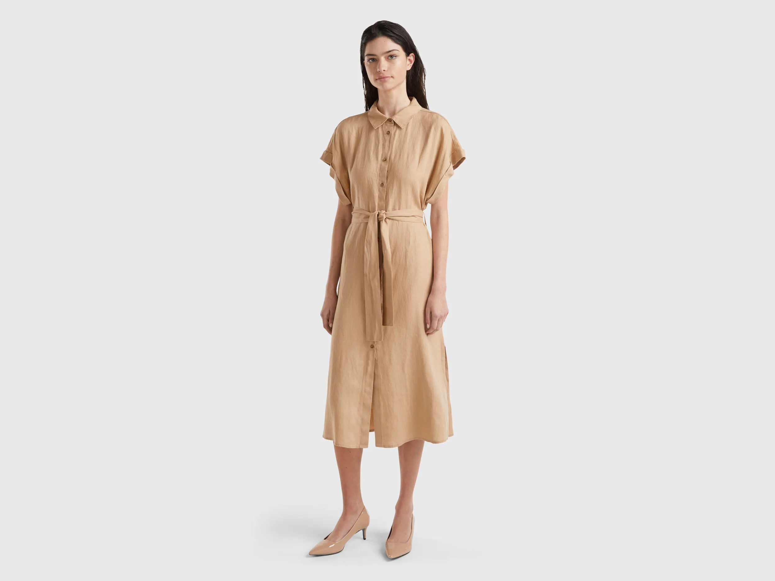 Vestido camisero midi de 100 % lino
