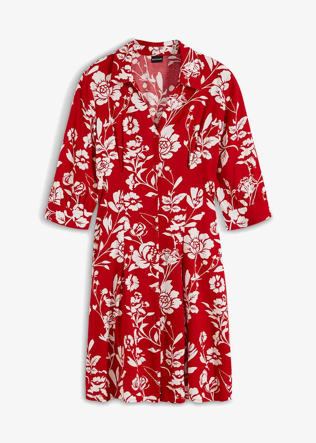 Vestido camisero Rojo salsa/blanco lana de flores