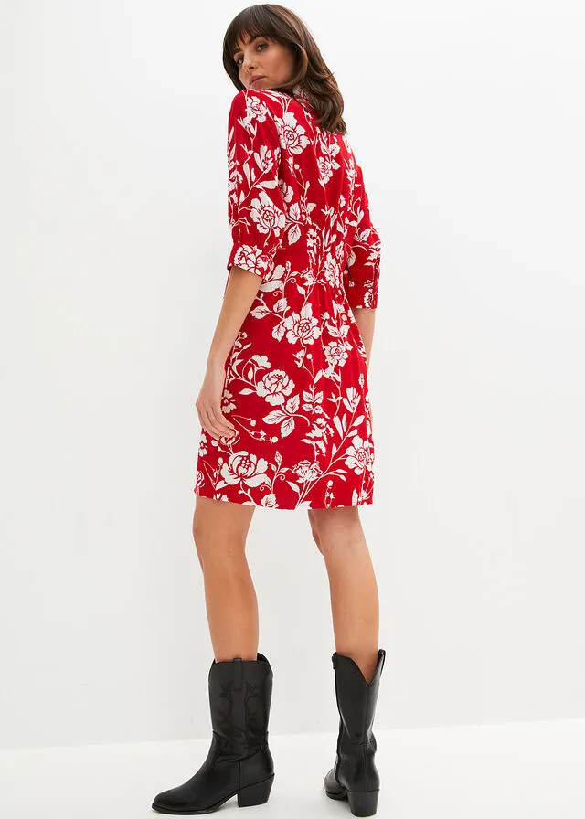 Vestido camisero Rojo salsa/blanco lana de flores