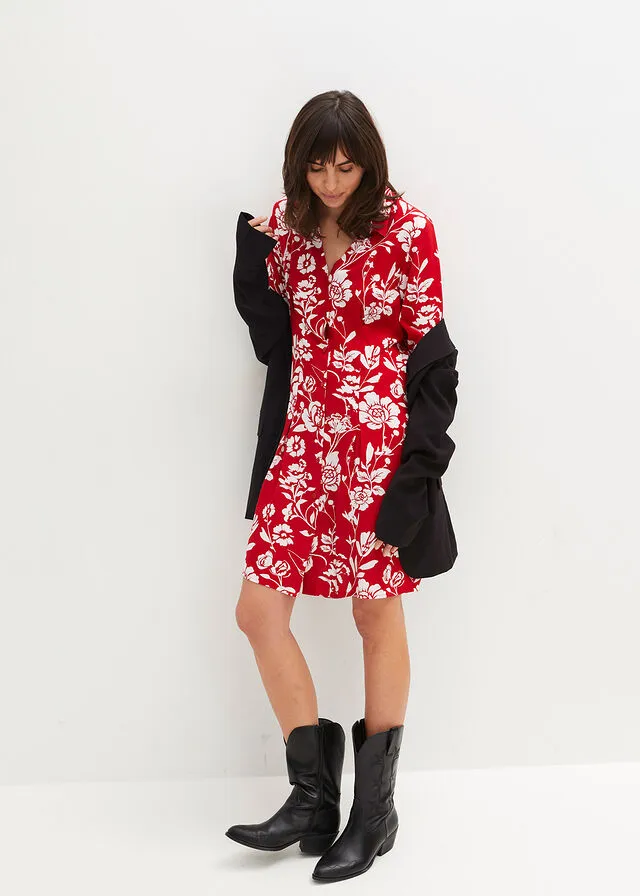 Vestido camisero Rojo salsa/blanco lana de flores