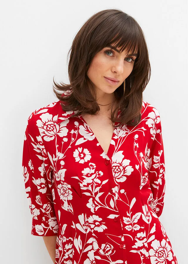 Vestido camisero Rojo salsa/blanco lana de flores