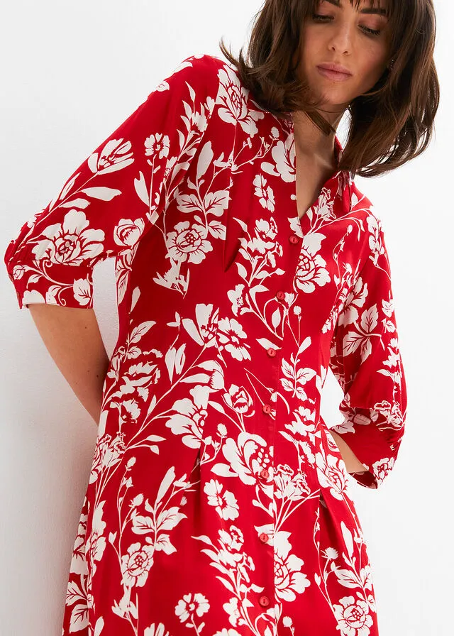 Vestido camisero Rojo salsa/blanco lana de flores