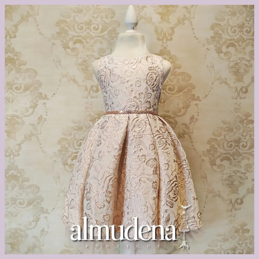 Vestido de Niña Fiesta Rosa con Blanco Cinturón Pedrería Elegante Talla 2 a 12 años