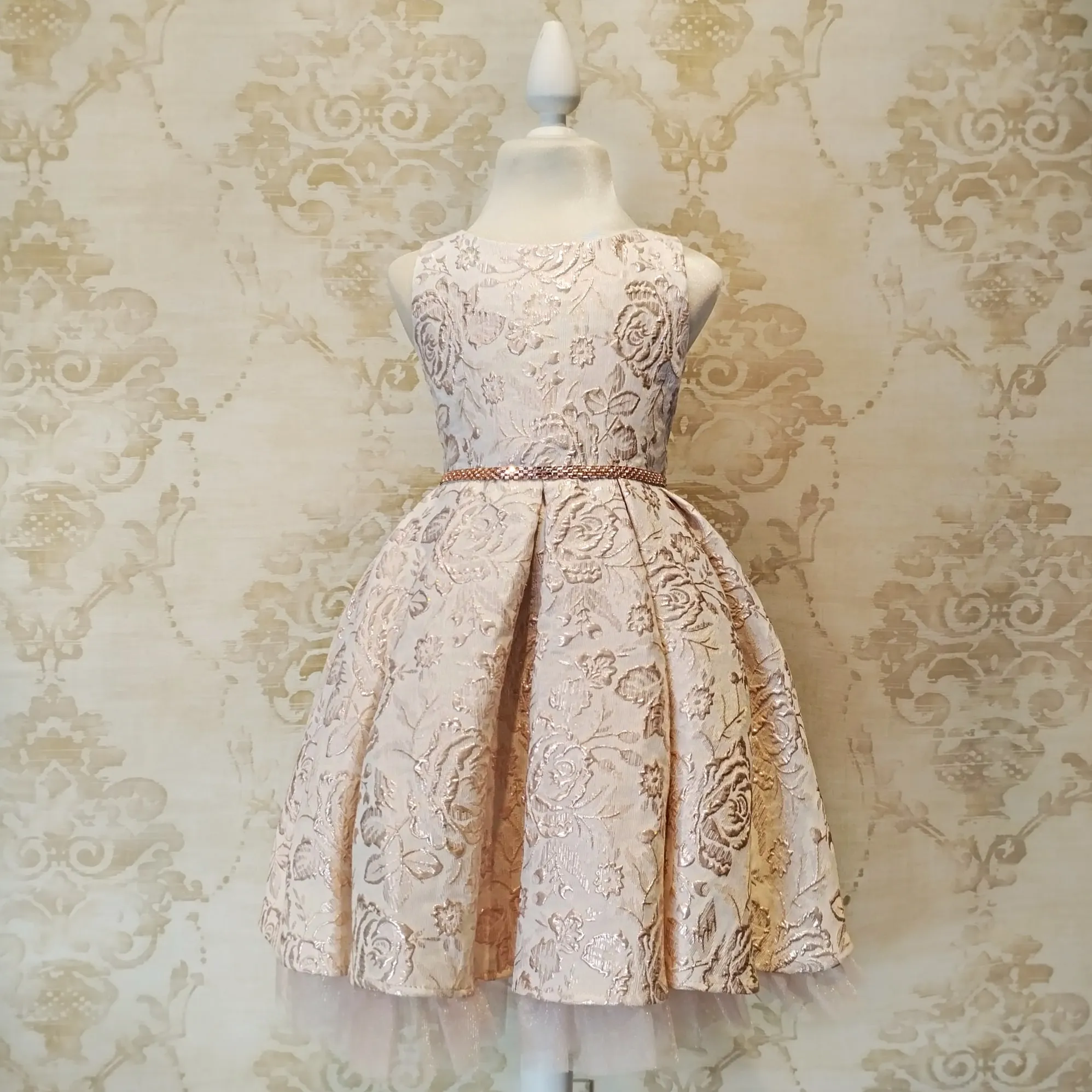 Vestido de Niña Fiesta Rosa con Blanco Cinturón Pedrería Elegante Talla 2 a 12 años