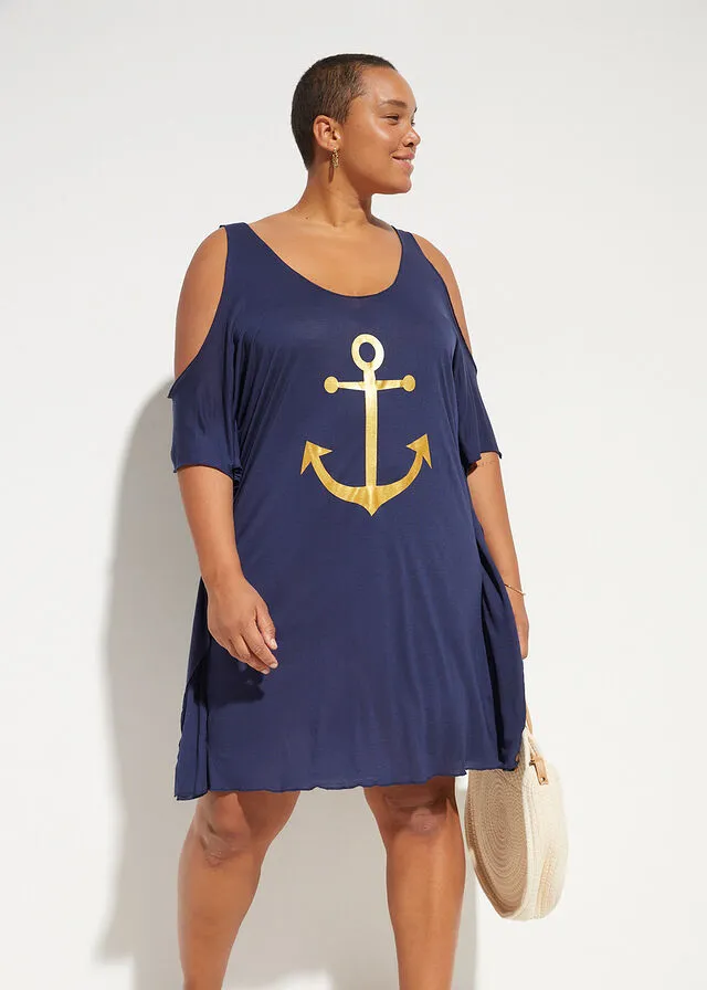 VESTIDO DE PLAYA CON ABERTURAS DE VISCOSA SOSTENIBLES AZUL MARINOORO