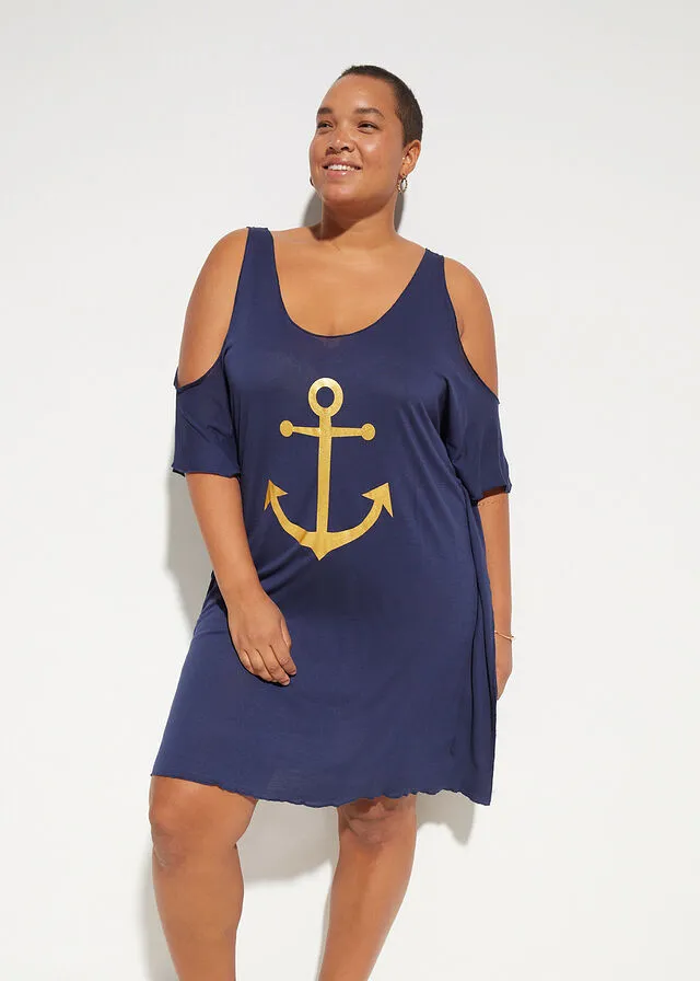 VESTIDO DE PLAYA CON ABERTURAS DE VISCOSA SOSTENIBLES AZUL MARINOORO