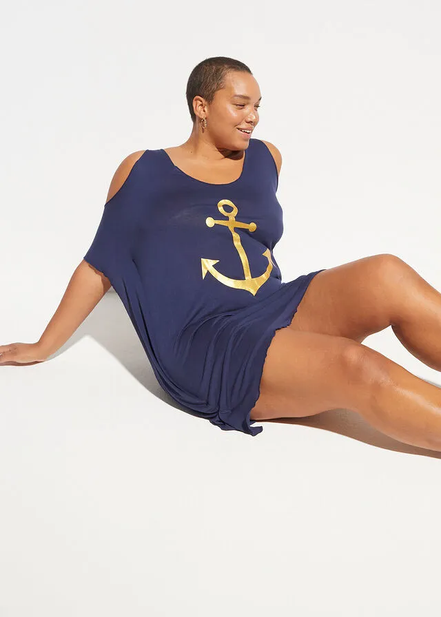 VESTIDO DE PLAYA CON ABERTURAS DE VISCOSA SOSTENIBLES AZUL MARINOORO