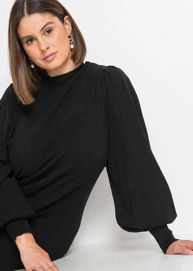 Vestido de punto con mangas de globo Negro