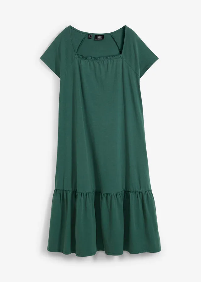 Vestido de punto de algodón con aberturas, mangas de murciélago y largo hasta la rodilla verde mate