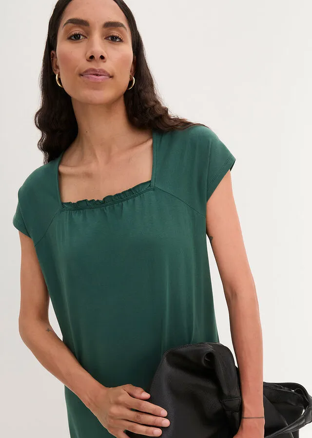 Vestido de punto de algodón con aberturas, mangas de murciélago y largo hasta la rodilla verde mate