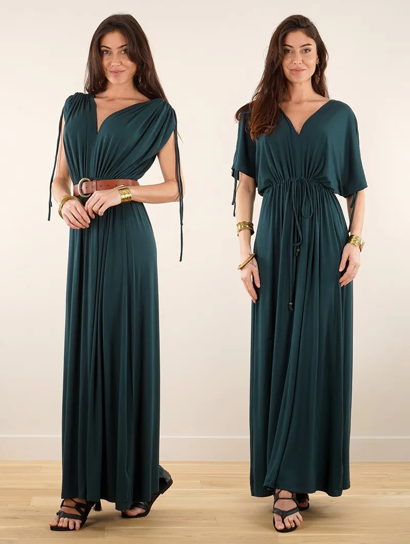 Vestido largo con mangas cortas caladas 