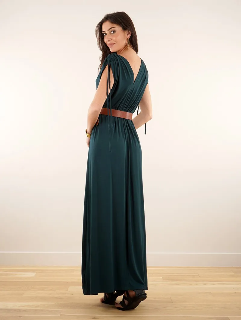 Vestido largo con mangas cortas caladas 