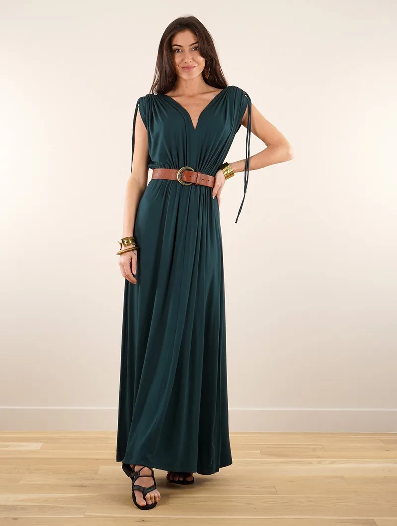 Vestido largo con mangas cortas caladas 