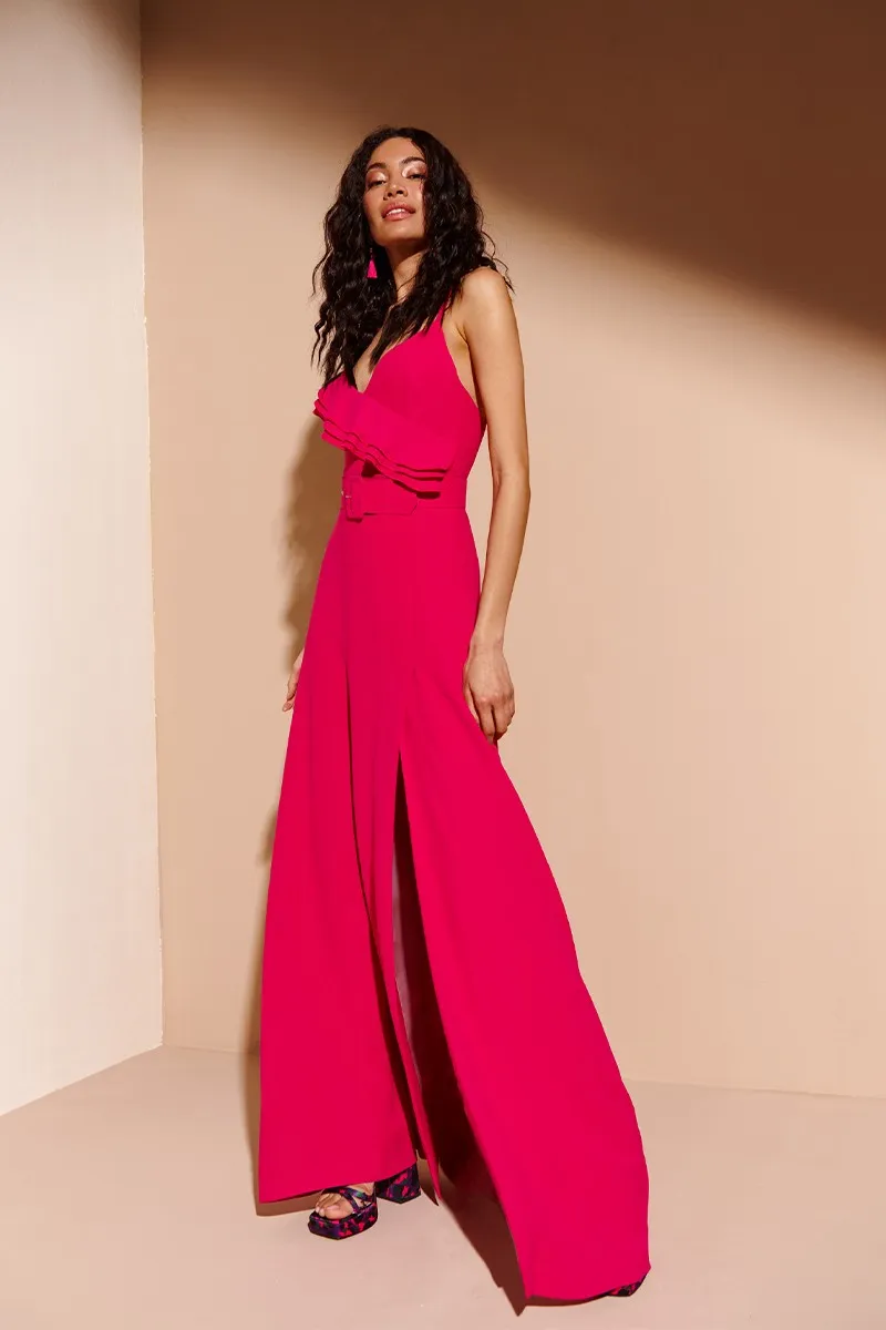 Vestido Largo con Volantes Rosa Fucsia Charlize