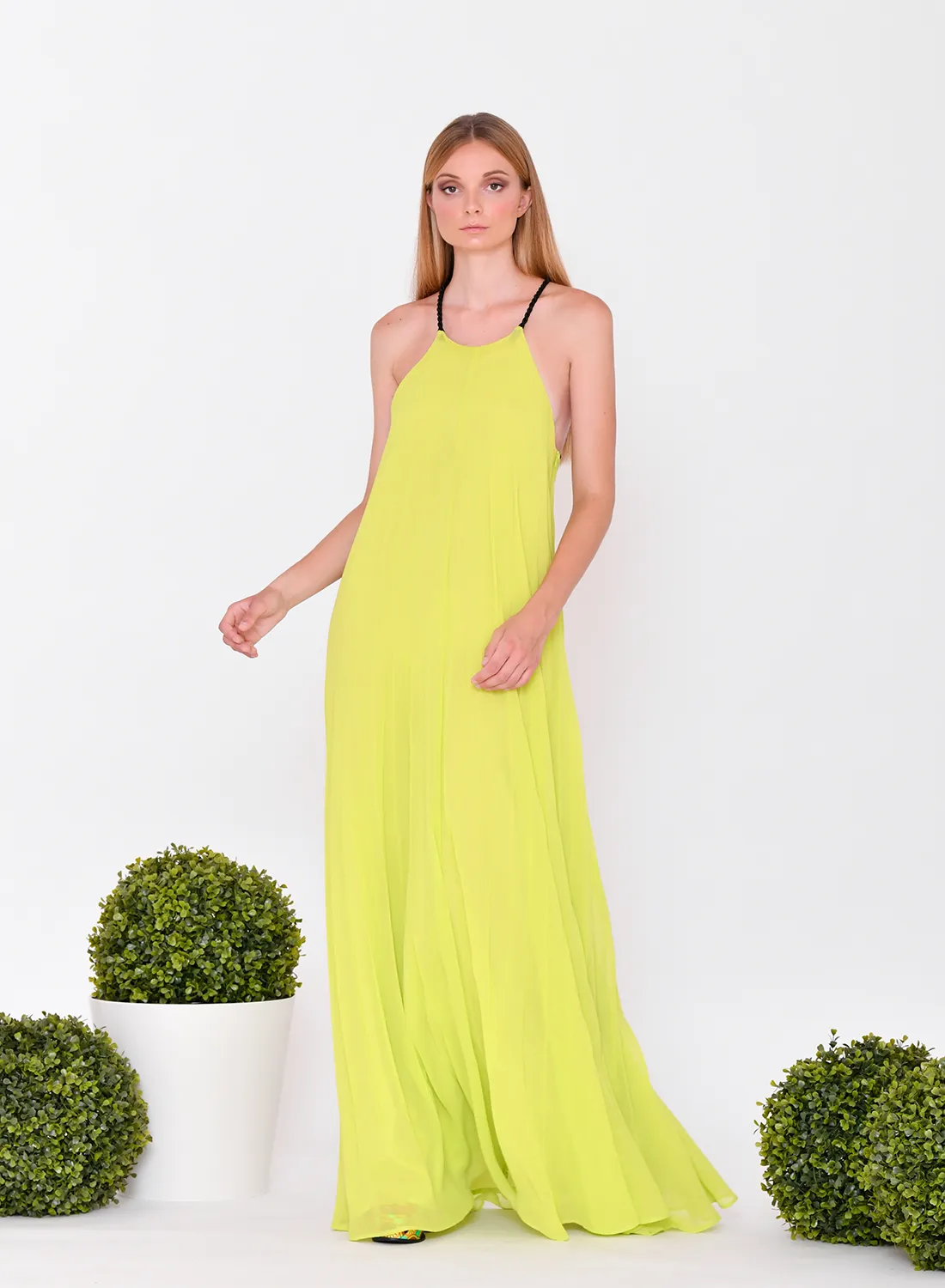 Vestido largo plisado cordón