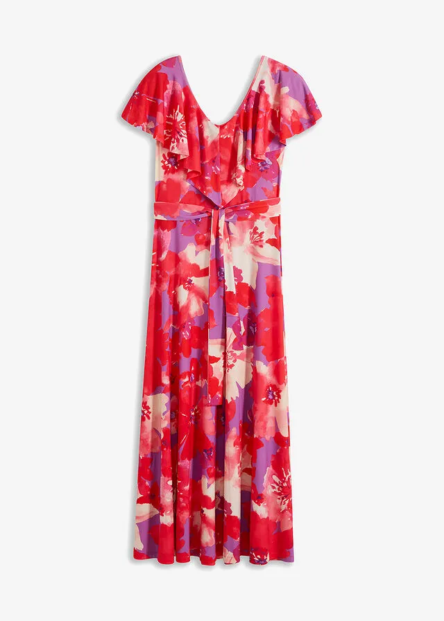 VESTIDO MAXI CON VOLANTES Y CINTURóN LILAROSA DE FLORES