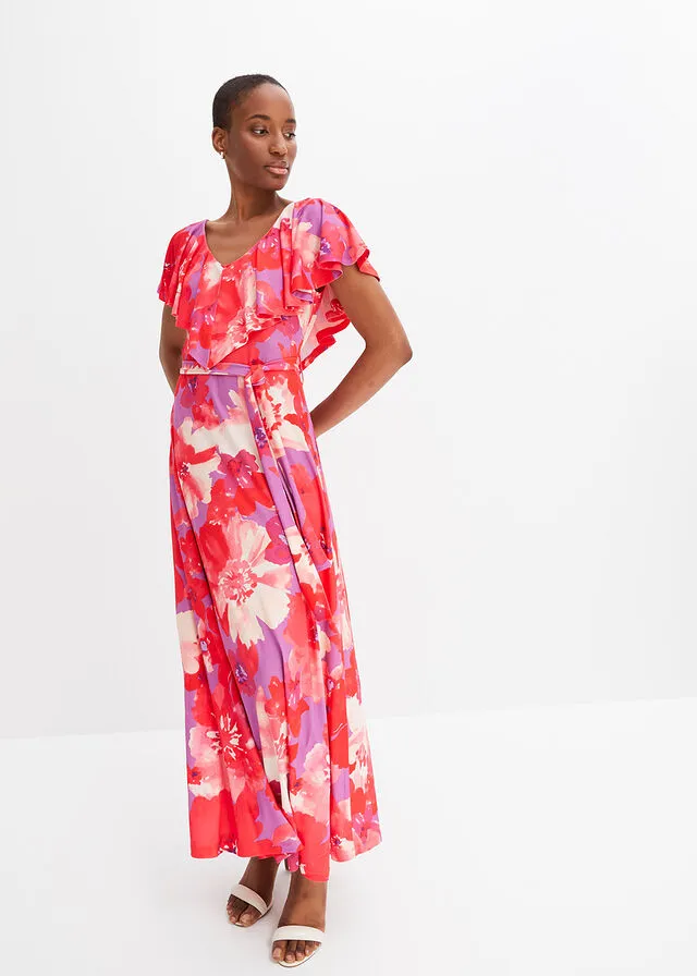 VESTIDO MAXI CON VOLANTES Y CINTURóN LILAROSA DE FLORES