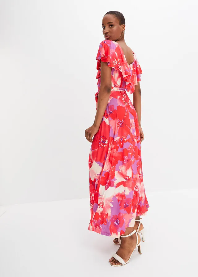 VESTIDO MAXI CON VOLANTES Y CINTURóN LILAROSA DE FLORES