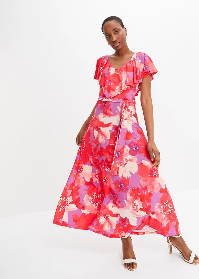 VESTIDO MAXI CON VOLANTES Y CINTURóN LILAROSA DE FLORES