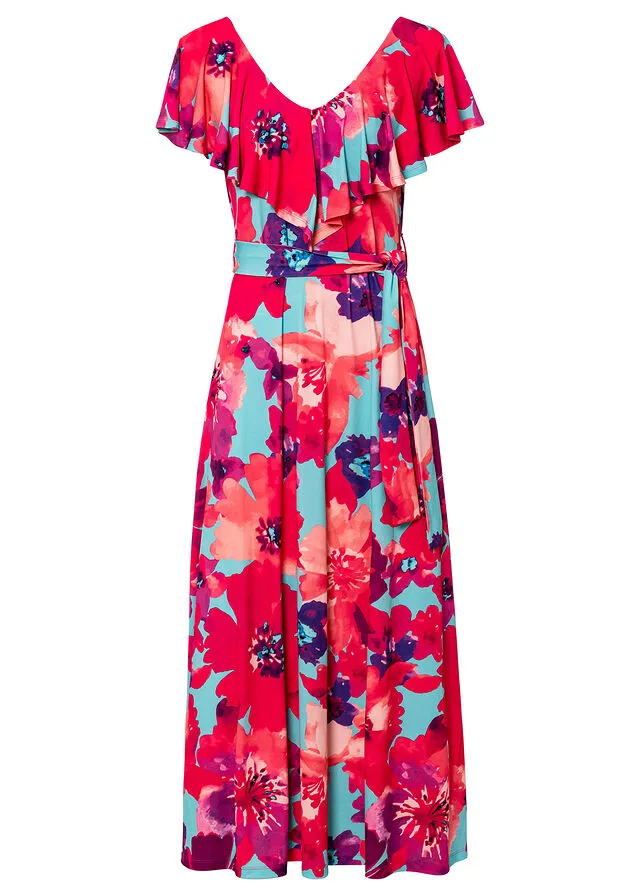 VESTIDO MAXI CON VOLANTES Y CINTURóN TURQUESAROSA DE FLORES