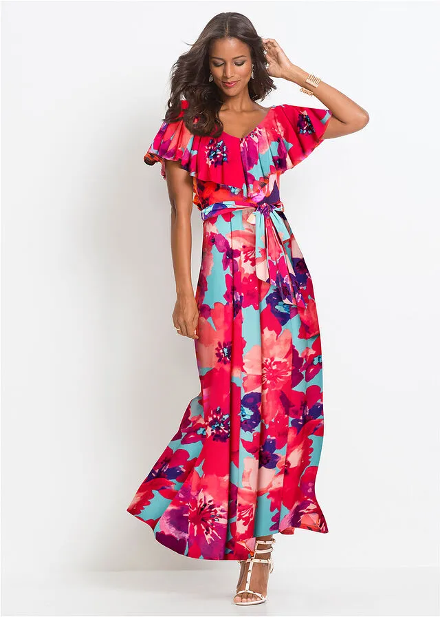 VESTIDO MAXI CON VOLANTES Y CINTURóN TURQUESAROSA DE FLORES
