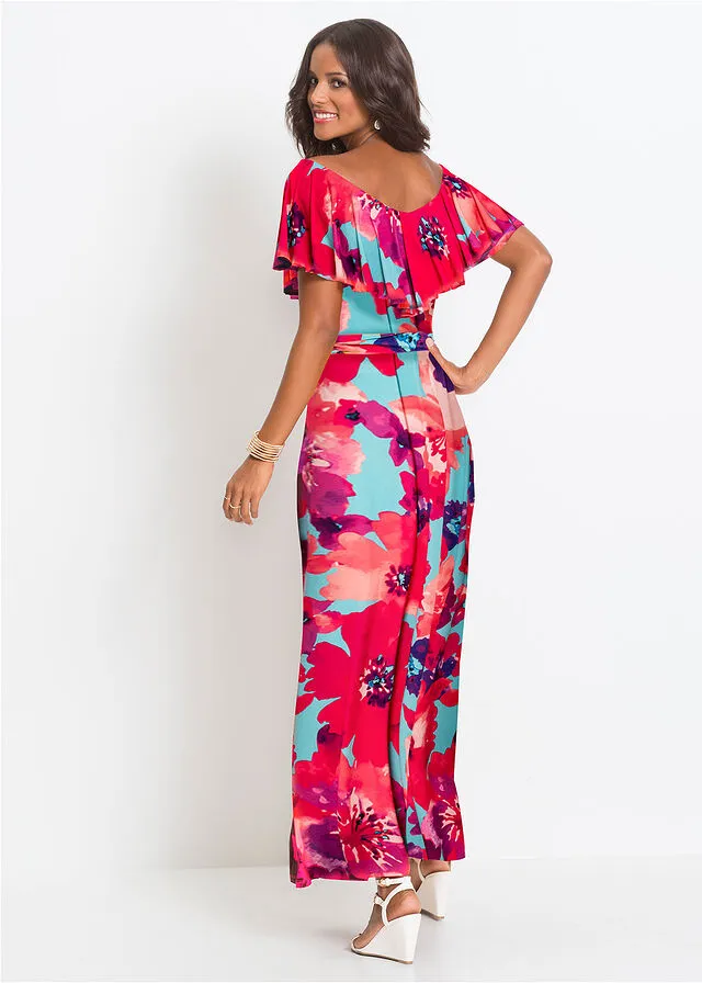 VESTIDO MAXI CON VOLANTES Y CINTURóN TURQUESAROSA DE FLORES