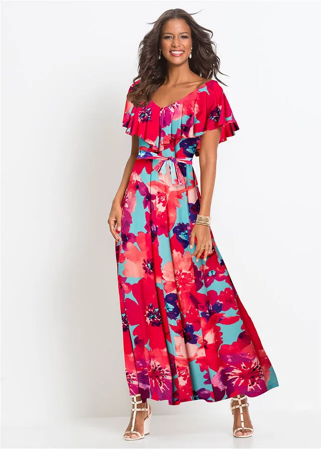 VESTIDO MAXI CON VOLANTES Y CINTURóN TURQUESAROSA DE FLORES