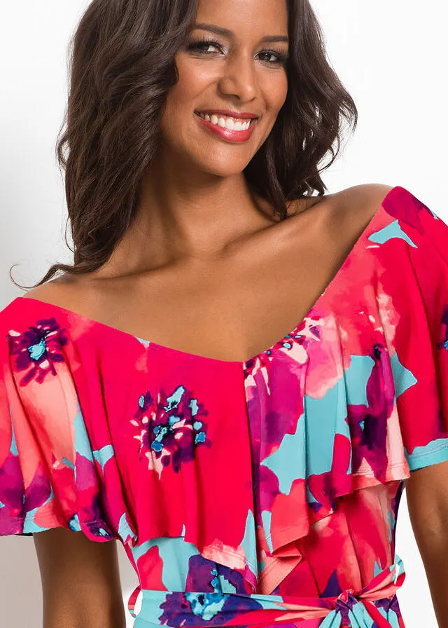 VESTIDO MAXI CON VOLANTES Y CINTURóN TURQUESAROSA DE FLORES