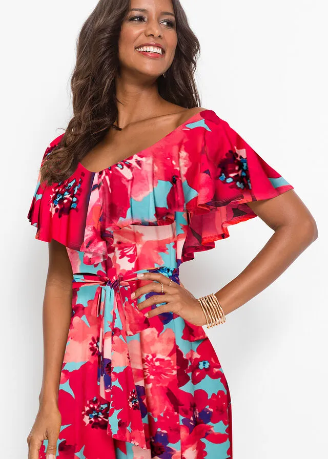 VESTIDO MAXI CON VOLANTES Y CINTURóN TURQUESAROSA DE FLORES