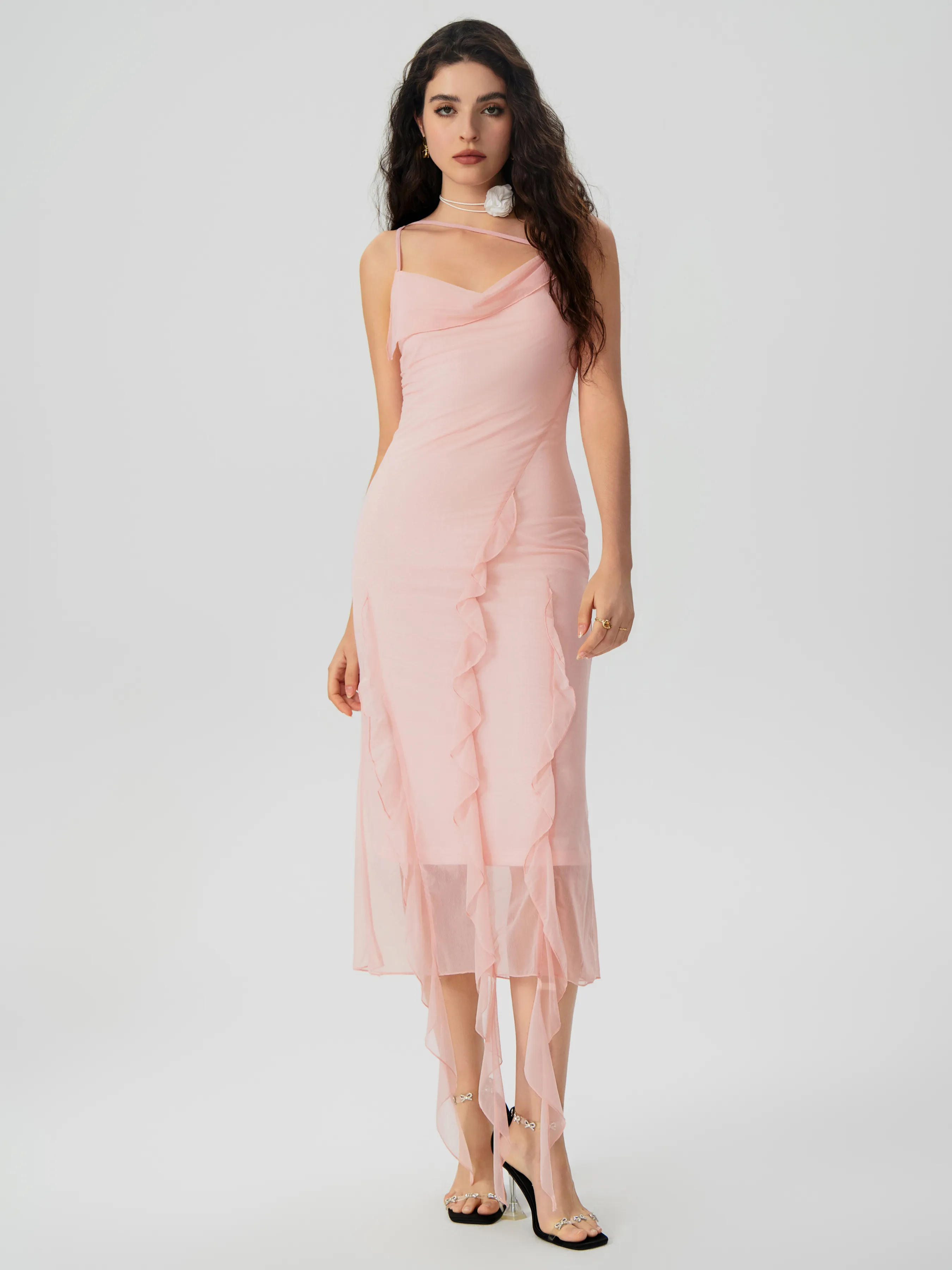 Vestido Midi Fruncido con Dobladillo de Volantes de Malla