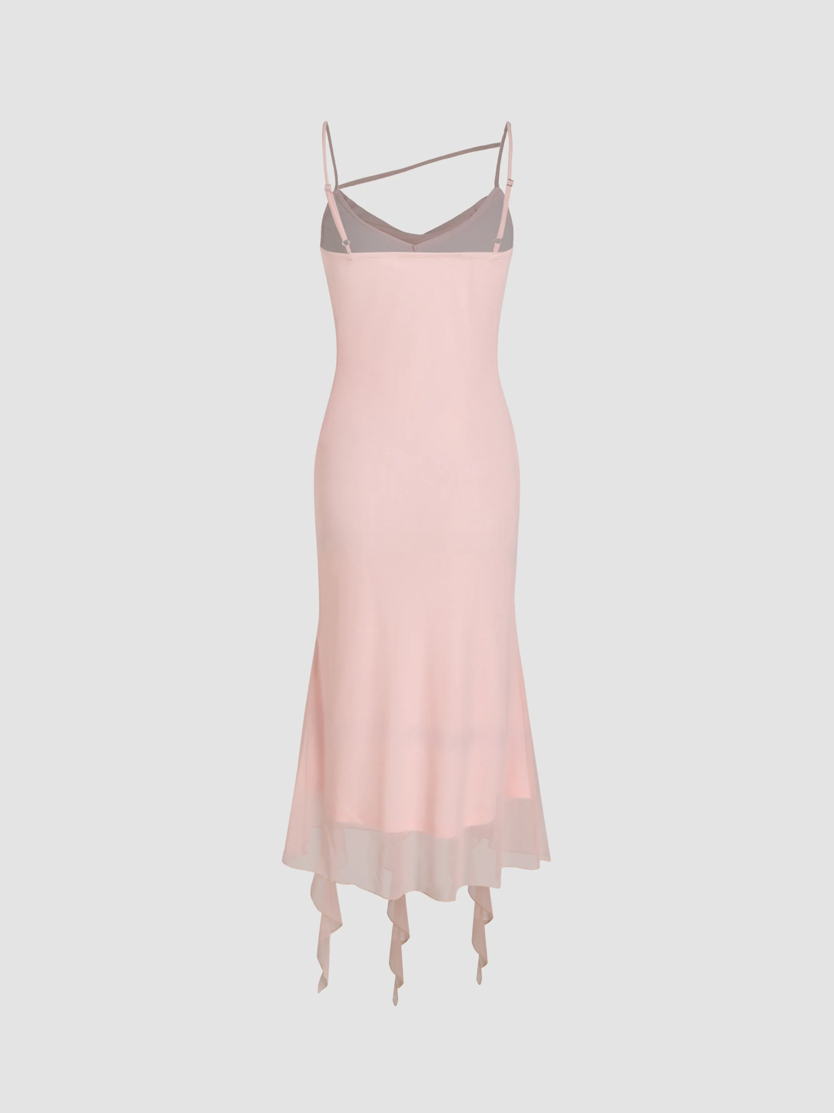 Vestido Midi Fruncido con Dobladillo de Volantes de Malla