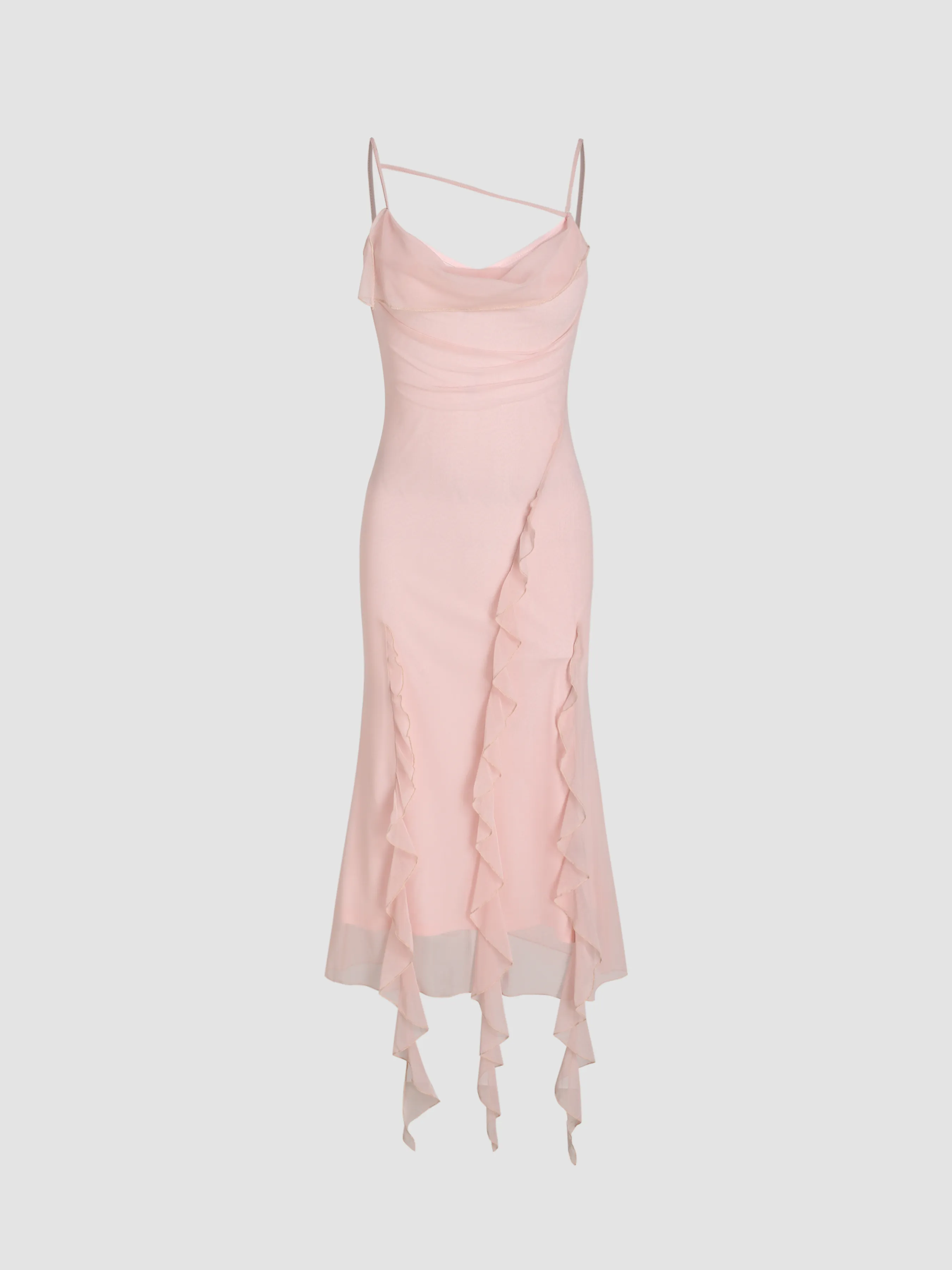 Vestido Midi Fruncido con Dobladillo de Volantes de Malla