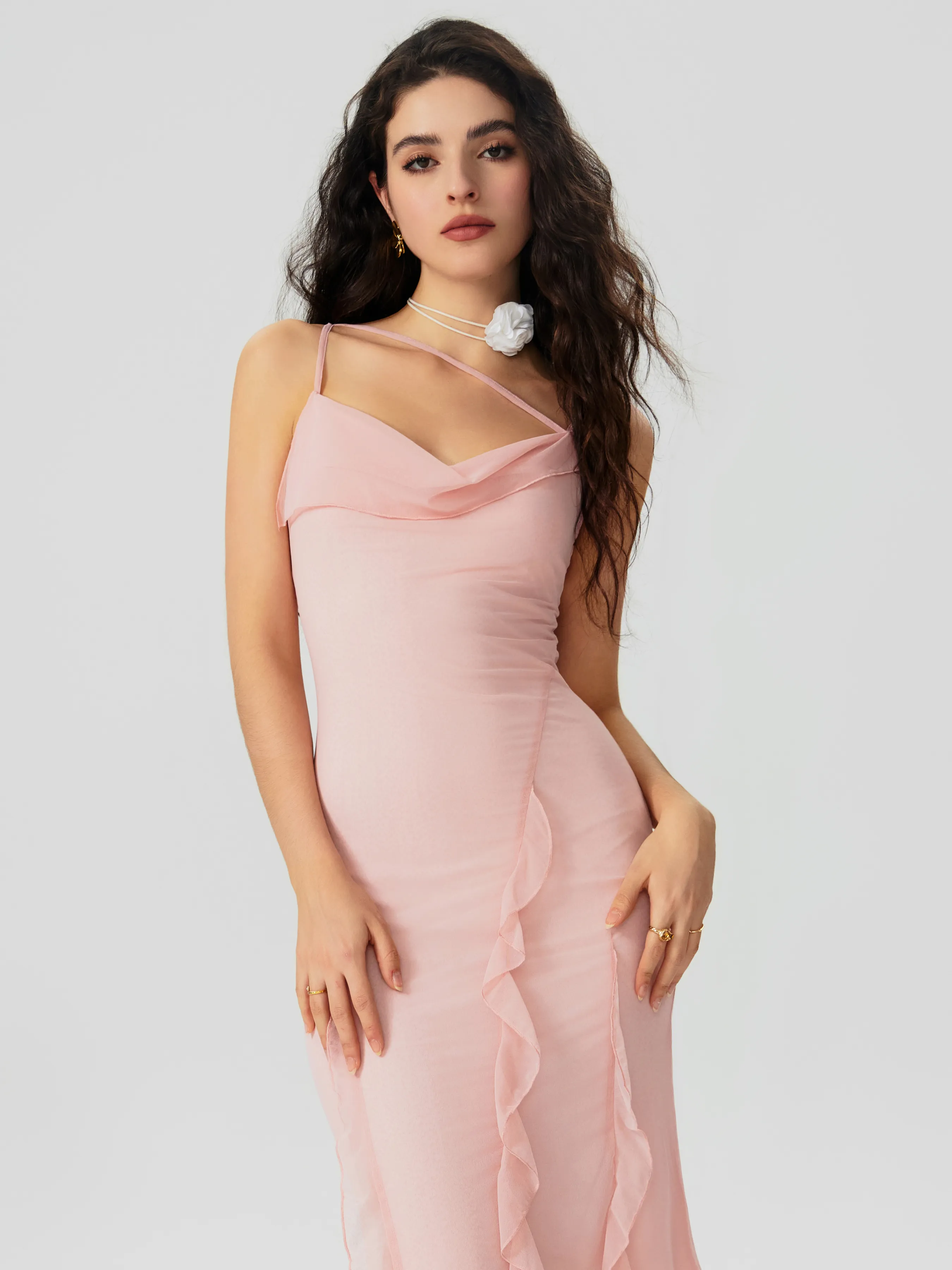 Vestido Midi Fruncido con Dobladillo de Volantes de Malla
