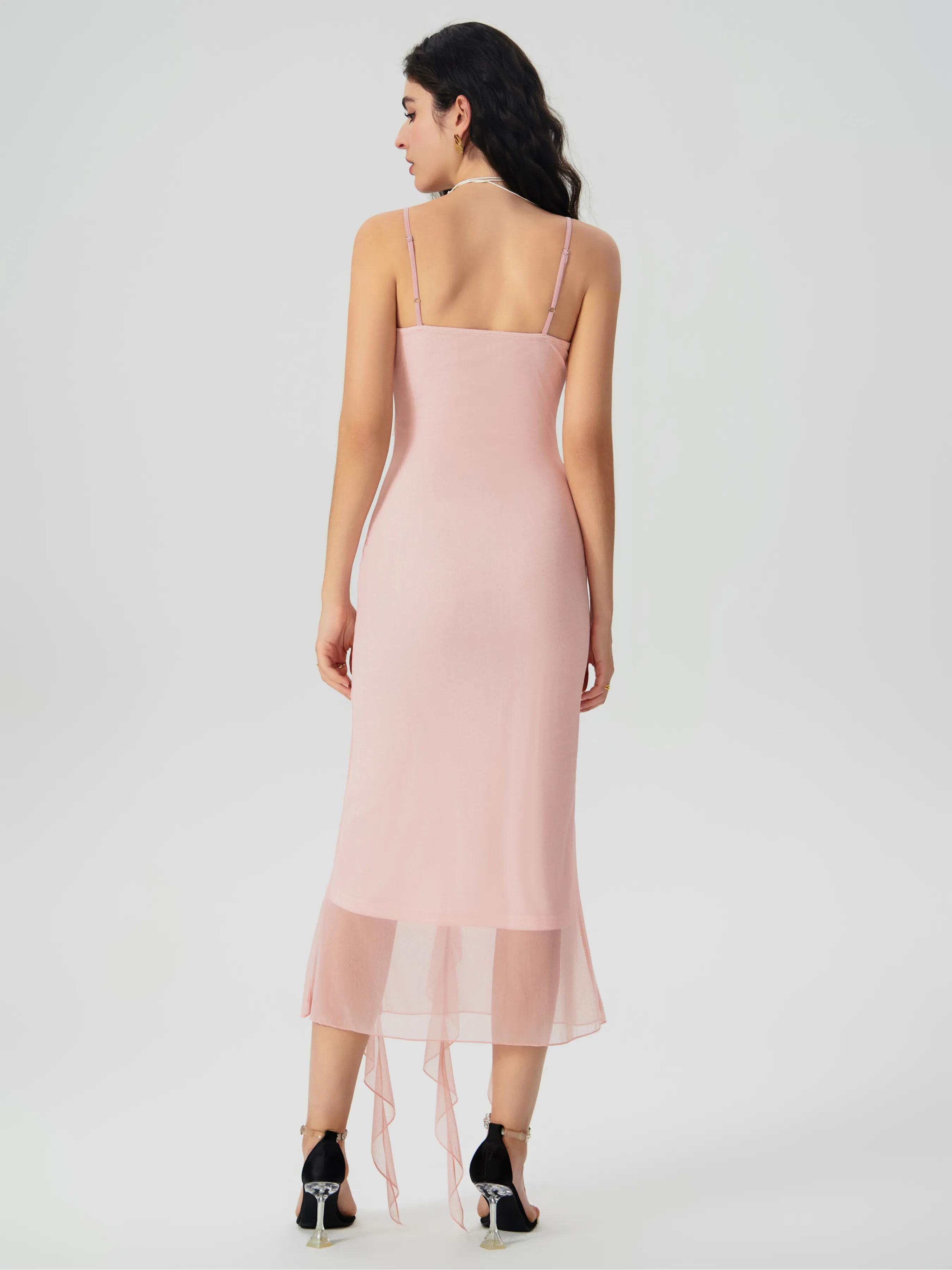 Vestido Midi Fruncido con Dobladillo de Volantes de Malla