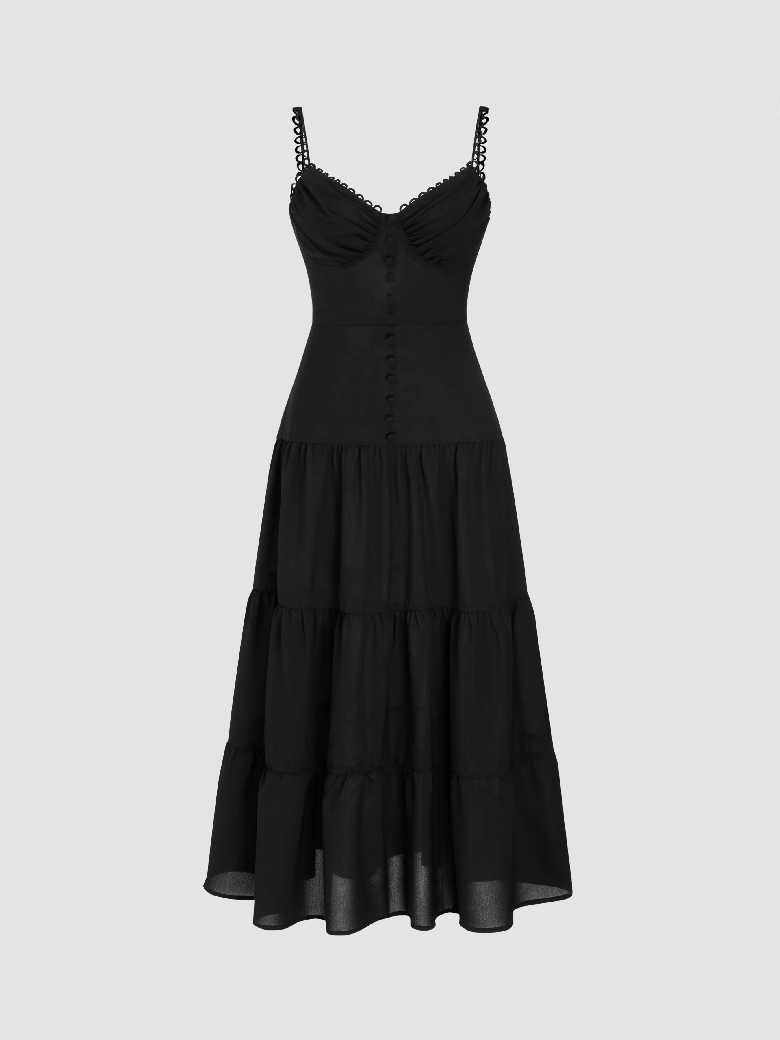  Vestido Midi Tejido con Cuello en V Sólido con Dobladillo de Volantes