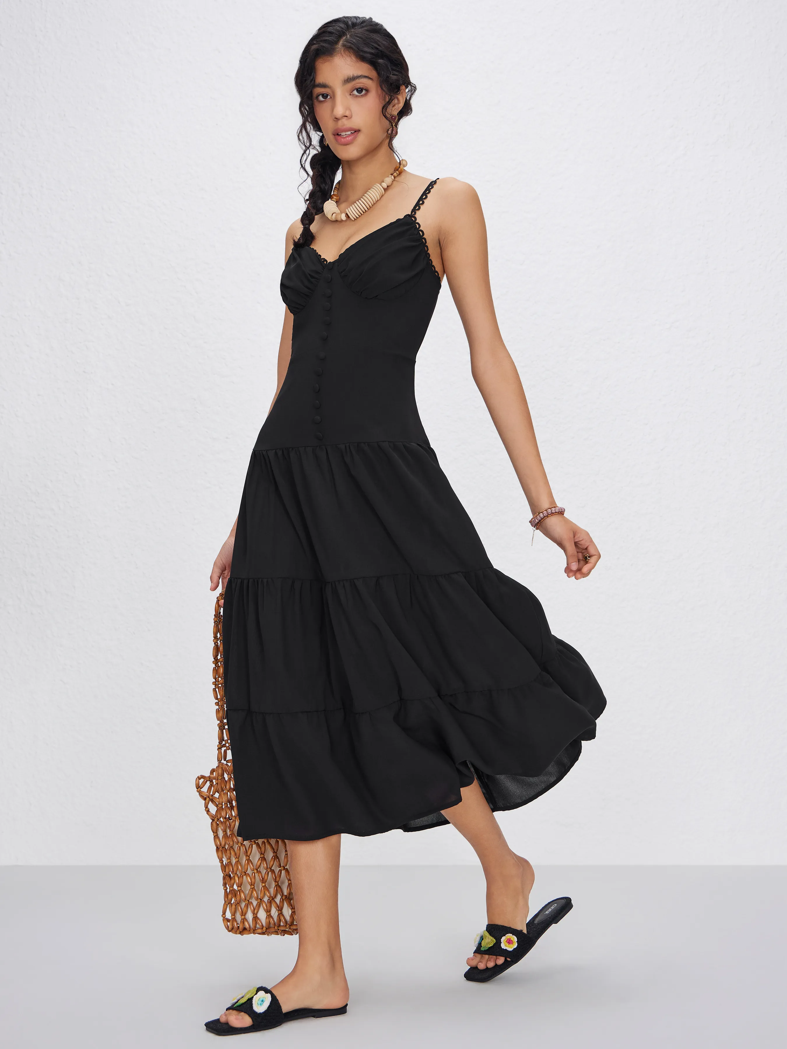  Vestido Midi Tejido con Cuello en V Sólido con Dobladillo de Volantes
