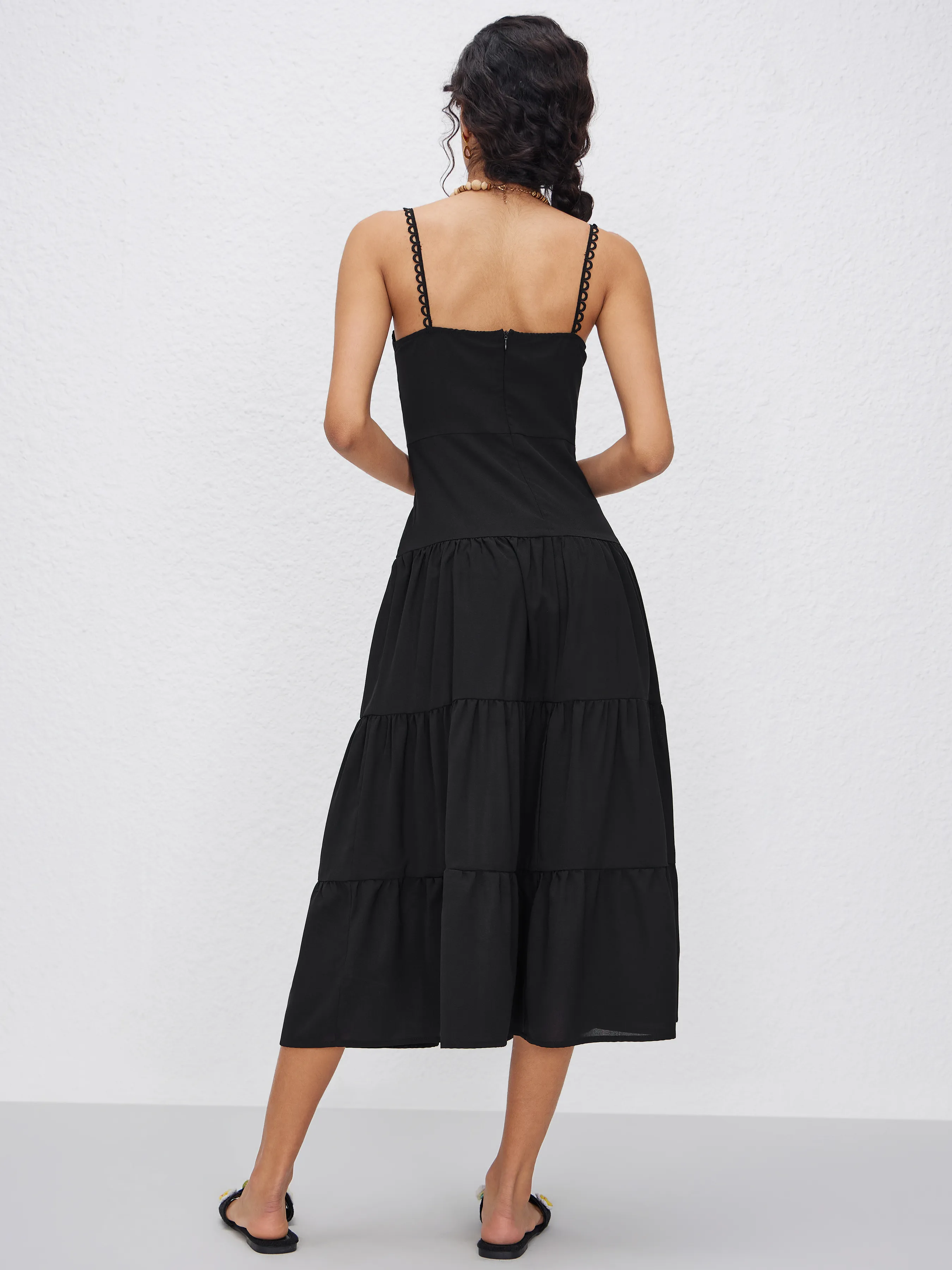  Vestido Midi Tejido con Cuello en V Sólido con Dobladillo de Volantes