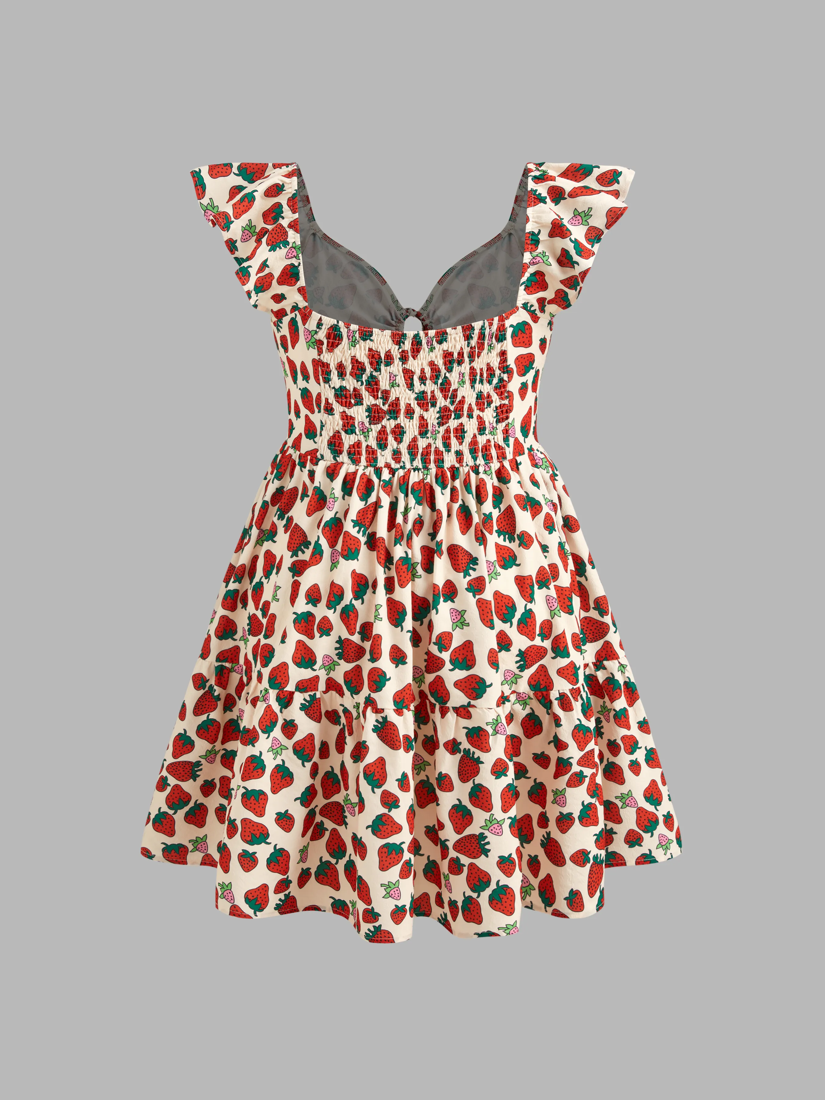Vestido Mini Tejido con Gráfico de Fresa y Volantes Anudados Curvy
