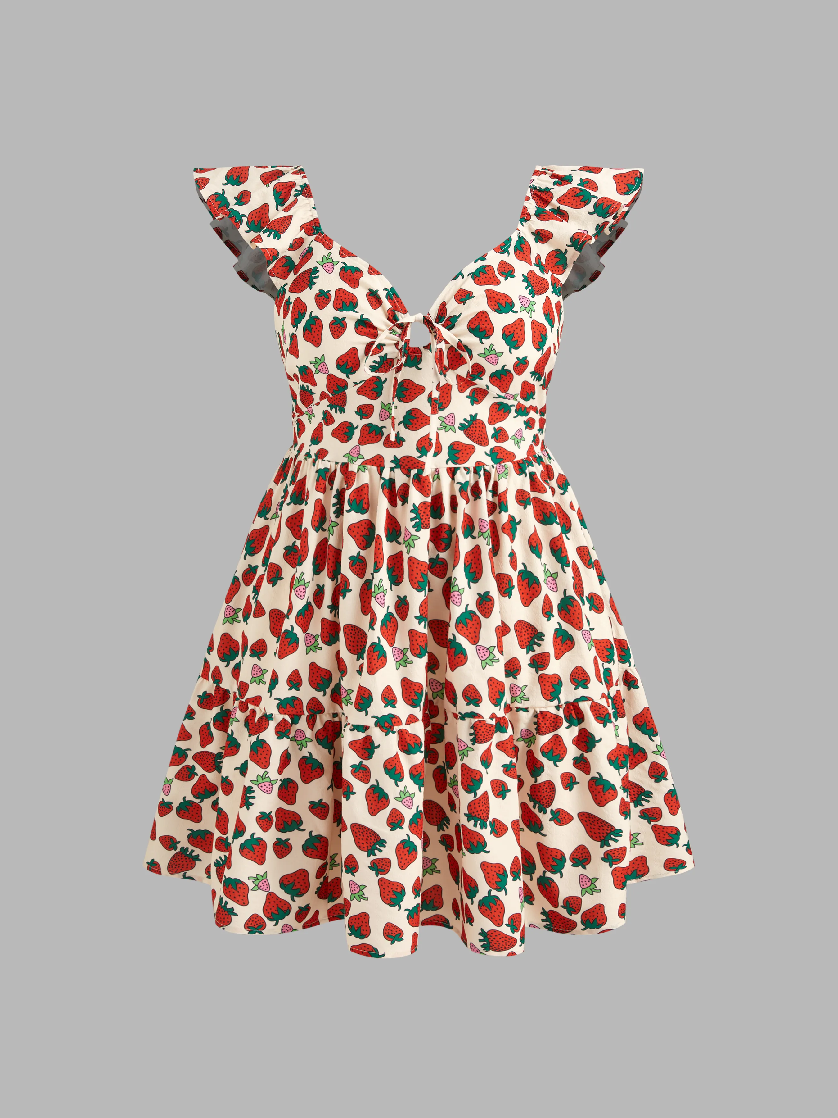 Vestido Mini Tejido con Gráfico de Fresa y Volantes Anudados Curvy