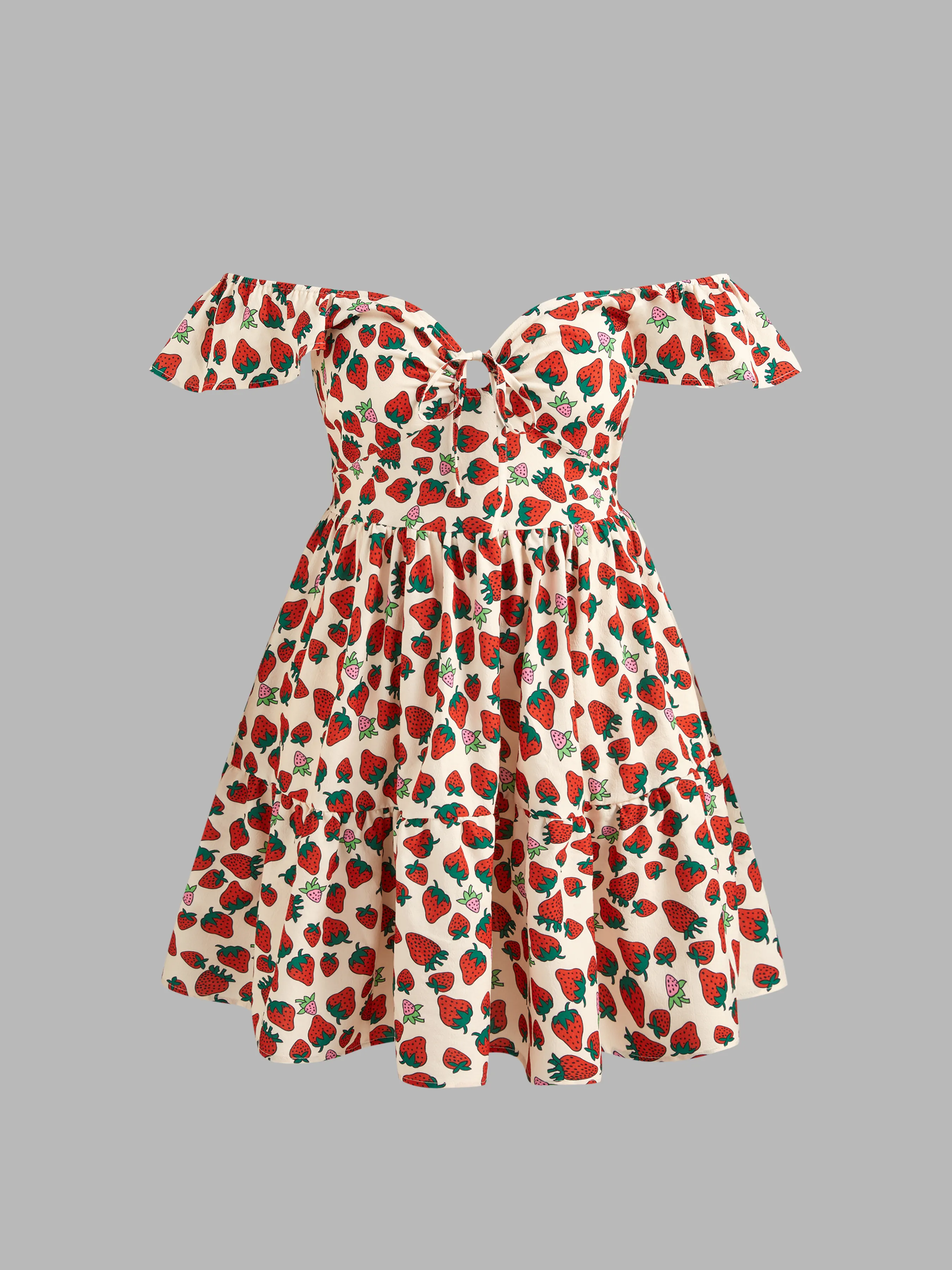 Vestido Mini Tejido con Gráfico de Fresa y Volantes Anudados Curvy