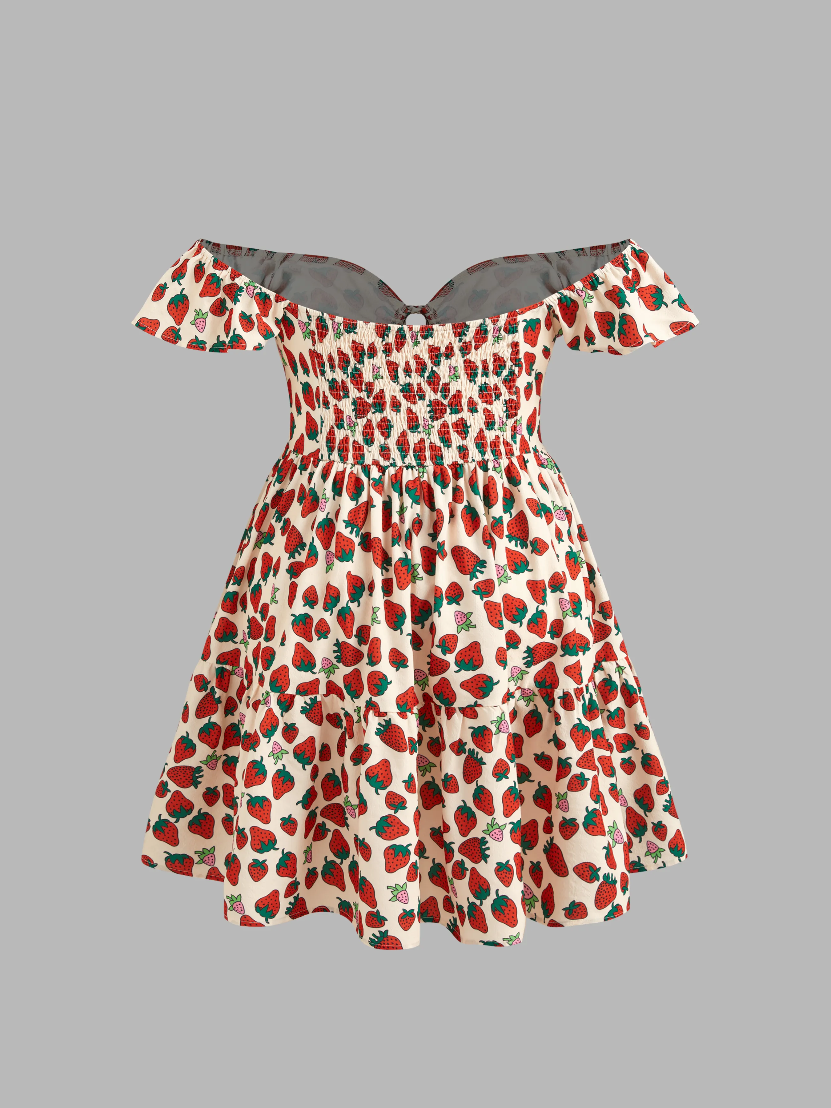 Vestido Mini Tejido con Gráfico de Fresa y Volantes Anudados Curvy