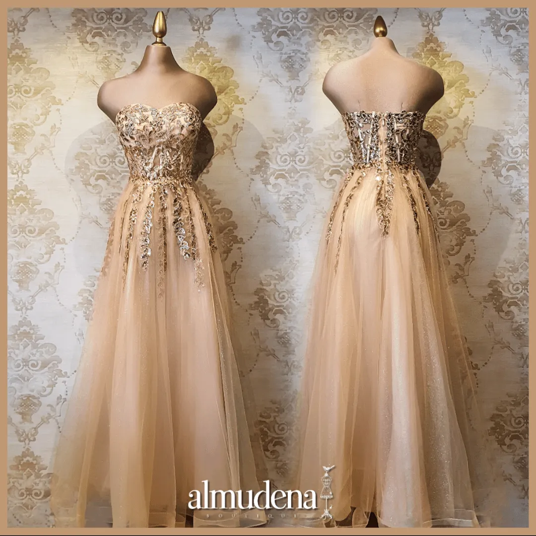 Vestido Oro Largo Strapless de Fiesta Elegante