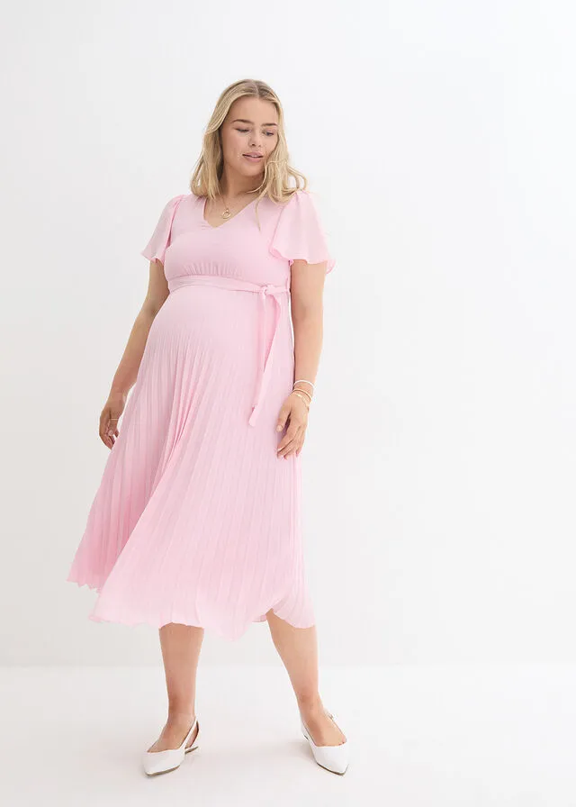 Vestido premamá con plisado rosa cristal